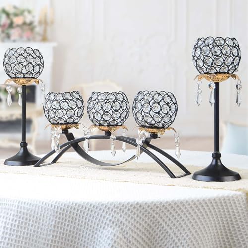 Set of 3 Crystal Tea Light Candlestick Holders Flower Shape with Crystal Pendant Bowl Votive Metal Candle Holder for Table Centerpieces Wedding Home Decor (Black+Gold) - Image 2