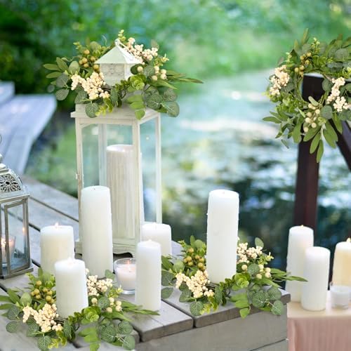 8 Pcs Green Eucalyptus Candle Rings Wreaths Spring Summer Kitchen Cabinet Wreaths Mini Green Berry Leaves Candle Wreath for Pillars Farmhouse Festival Wedding Celebrations Tabletop Decoration - Image 4