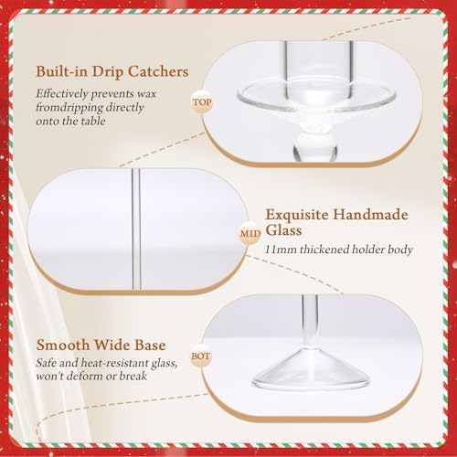 CHILL RECIPE Christmas Candle Holder Glass Taper Candlestick Holders with Built-in Candle Drip Protectors Bows Decor for Table Centerpiece Wedding Party Christmas(Red Green White) - Image 5