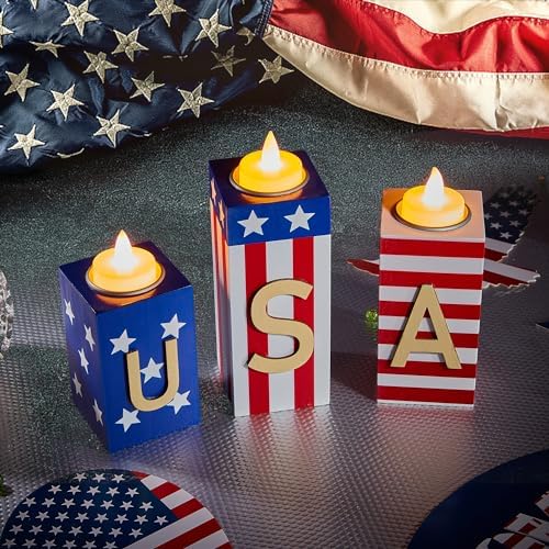 BlcTec 4th of July Decorations, 3 PCS Patriotic Wood Candle Holders with Tea Lights, Rustic Farmhouse Centerpieces for Home, Tiered Tray, Tabletop, Mantel, Office, Porch, Memorial Day, July 4th Décor - Image 4