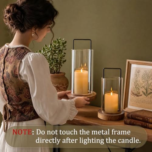 Farmhouse Hurricane Candle Holders Boho Pillar Candle Lantern Glass Wood - Image 6