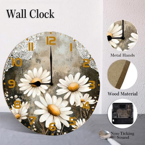 Chamomile Flowers Daisies Wooden Silent Non-Ticking 10 Inch Round Clocks Battery Operated Analog for Living Room Kitchen Bedroom Bathroom Office Home School Decor