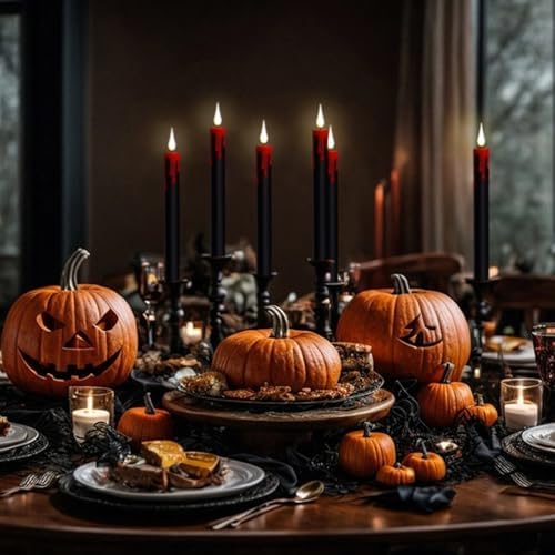 GenSwin Halloween Black Taper Flameless Candles Battery Operated with Remote Timer, 4 Pcs Drip Wax Flameless LED Candle Sticks with 3D Flickering Flame for Window Fireplace Decor (0.78 x 8.9 inches) - Image 3