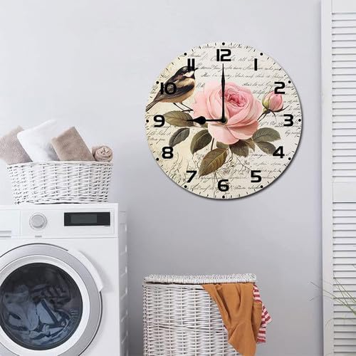Love Birds Roses Flowers Wooden Silent Non-Ticking 10 Inch Round Clocks Battery Operated Analog for Living Room Kitchen Bedroom Bathroom Office Home School Decor