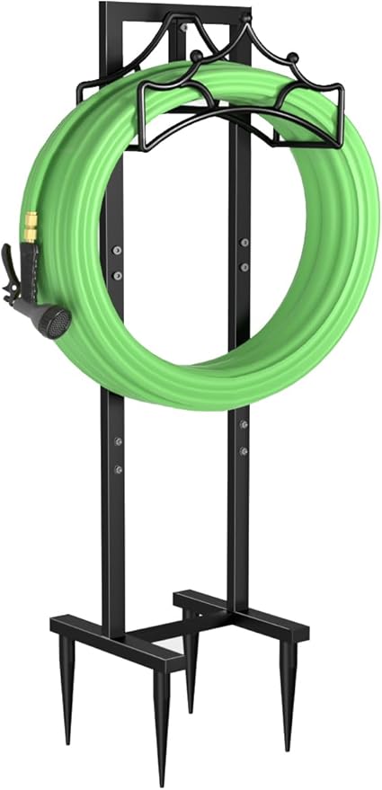 Garbuildman Garden Hose Holder with 4 Spikes, Freestanding Metal Hose Stand for Outdoor Garden, Detachable Hose Storage Rack for Lawn & Yard, Crown Black