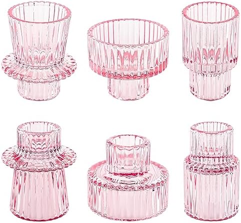Taper Votive Candle Holder for Pillar Candles Tealight, Candlestick Holder for Wedding Christmas Tea Party, Boho Ribbed Vintage Crystal Glass Table Centerpiece Decor, Bulk Set of 6 (Pink) by NEOEGOR