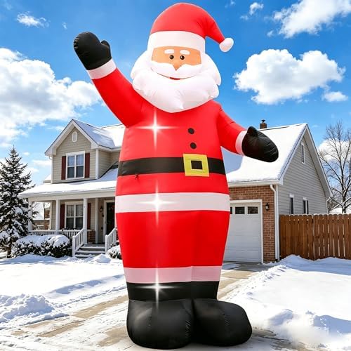 12 FT Giant Christmas Inflatable Santa Claus Outdoor Decoration, Adorable Blow up Santa Tilting His Head & Waving Hand, Built-in LED Lights for Lawn Yard Patio Garden Holiday Home Party Decor by FunFansoHolidaysDecorations