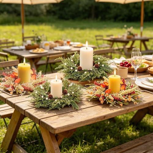 4 Pcs Fall Christmas Candle Rings Wreaths Mini Thanksgiving Xmas Wreath Holder Table Centerpiece Small Autumn Swags Wreath for Kitchen Cabinets Pillar Farmhouse Home Porch Window Wall Porch Decor - Image 5