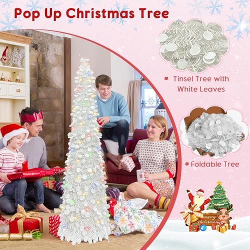 Pop Up Christmas Tree, 5FT Collapsible Artificial Christmas Tree with 90 LED Lights, Tinsel Small Pencil Christmas Tree for Home Holiday Fireplace Party Indoor Outdoor Xmas Decorations (White) - Image 2