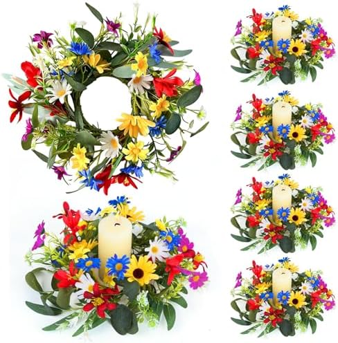 6 PCS Spring Summer Artificial Floral Candle Rings Wreath Sunflowers Daisy Forsythia Candle Rings Pillar Holder Wreath Mini Eucalyptus Candle Wreaths Kitchen Cabinet Swags for Home Tabletop Decor by Unknown