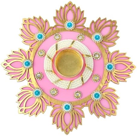 Aditri Creation Decorative MDF Lotus Rangoli with T-Light Candle Holder Stand for Indian Cultural Festival Gifts Made up of Golden Embroideries New Year Gifting Idea Home Decor(Size:-8")(Light Pink) by AditriCreation