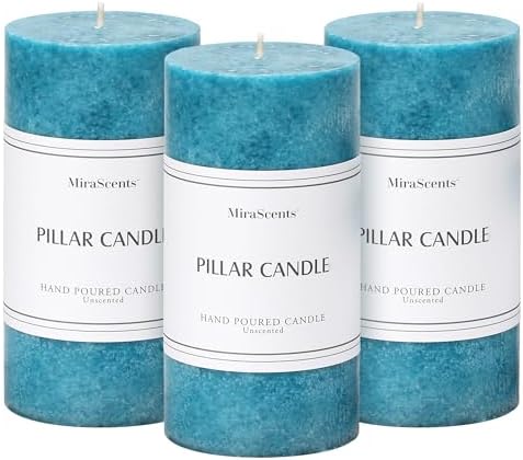 3x6 Inch Blue Pillar Candles Set of 3, Hand-Poured Unscented Pillar Candle by MiraScents