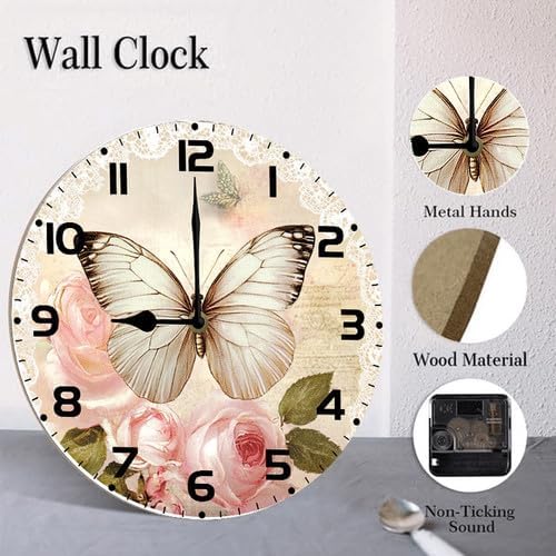 Butterfly Rose Flower Wooden Silent Non-Ticking 10 Inch Round Clocks Battery Operated Analog for Living Room Kitchen Bedroom Bathroom Office Home School Decor