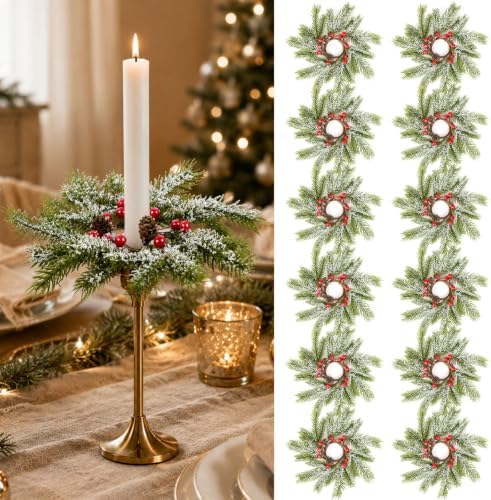 12 PCS Christmas Pine Taper Candle Rings Wreaths 1.38" Mini Snowy Pine Taper Candle Holder Wreaths Candle Rings with Berry Pinecones for Xmas Winter Church Home Table Centerpiece Candlesticks Decor by Unknown