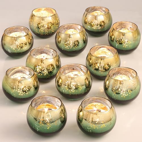 Volens Green Votive Candle Holders Set of 12, Round Mercury Glass Votives by VolensLightUpYourLife