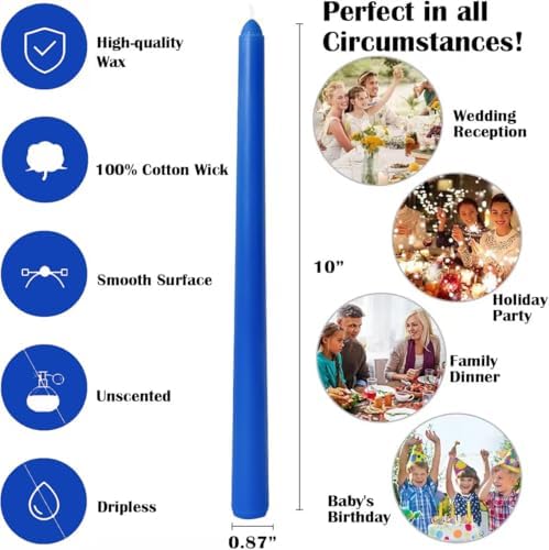 12-Pack Royal-Blue Taper Candles, 10 Inch Unscented Dripless Candlesticks, Long-Lasting Burn Time of 7-8 Hours, Perfect for Home Décor Dinner Party Meditation - Image 7