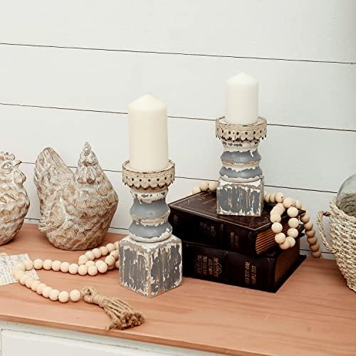 NIKKY HOME Rustic Wooden Pillar Candle Holders Set of 2, Shabby Chic Decor - Image 2