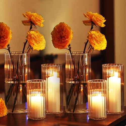 yshengood 6 Pcs Glass Hurricane Candle Holder Ribbed Glass Candle Holder - Elegant & Easy to Use, Perfect for Wedding, Holiday, Party Decor, Home and Event Essential - Image 3