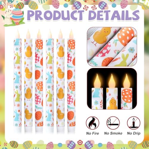6Pcs Easter Taper Candles – 10.6" Battery Operated Flameless LED Candles with Bunny, Chick & Egg Patterns, Flickering Flame, Safe Spring Decor for Table Centerpiece, Party & Home Decor - Image 2
