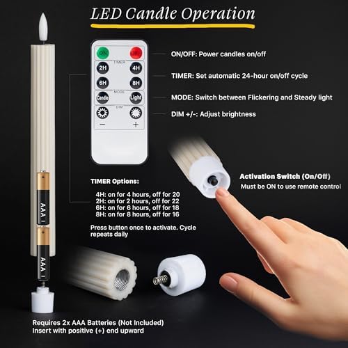 12 Pack, 10" LED Flameless Real Wax Cream Beige Fluted Ribbed Grooved Taper Candles, Remote & 24h Timer Memory, On/Off Button, Dimmable, Flicker Mode, Battery Operated, Wedding - Image 4