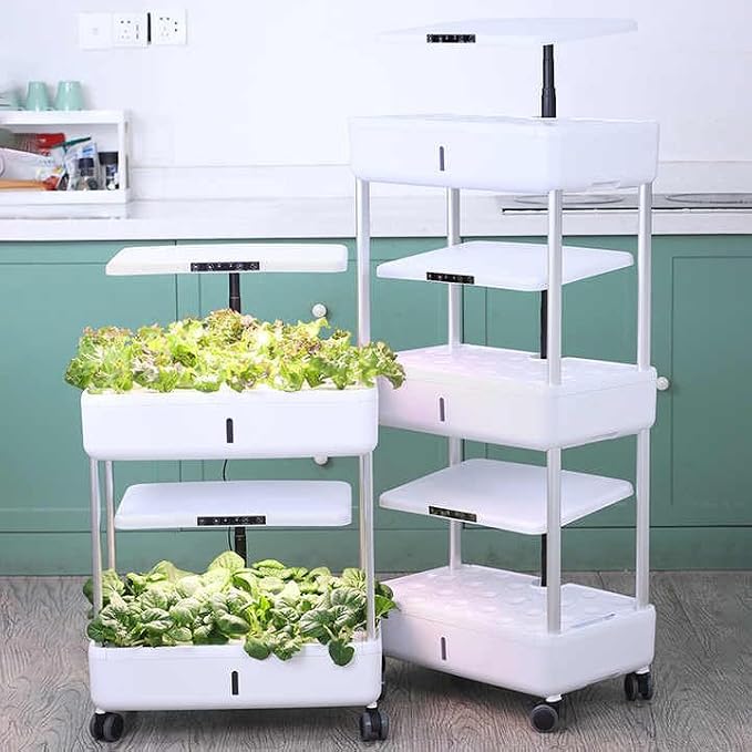 Indoor Hydroponic Garden System, 3-Tier Mobile Growing Cart with LED Lights, Adjustable Shelves, Black (2 Tiers_White)