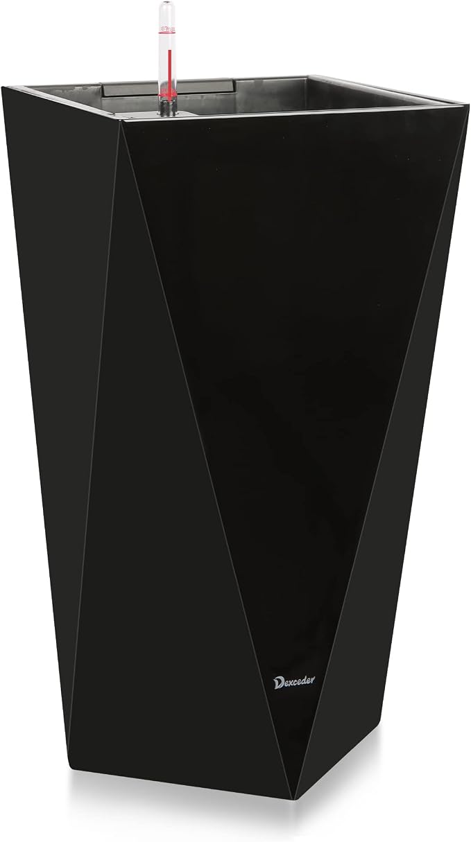 Dexceder 24 Inches Self Watering Tall Planter (Black) | Diamond High Gloss, Thickened Rhombus Large Floor Standing Flower Plant Pot with Water Level Indicator Indoor Outdoor
