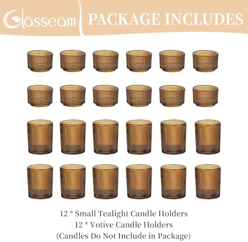 Glasseam Glass Votive Candle Holders Bulk 24 Amber Ribbed Tealight for Fall - Image 6