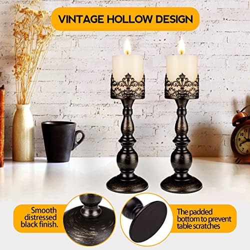 Candle Holders for Pillar Candles Gothic Distressed Black Vintage Tall Candle Holders Set of 2 Decorative Large Table Centerpieces Candle Stand Decor (Distressed Black 2PCS A) - Image 2