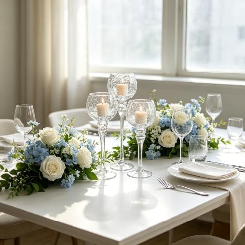Hosley Set of 3 Crackle Clear Glass Tealight Holders -12 Inch, 10 Inch, 9 Inch Ideal for Weddings Special Events Parties - Image 5