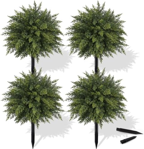 4 Pack Christmas Artificial Cedar Trees with Ground Spikes for Outdoors by MACTING