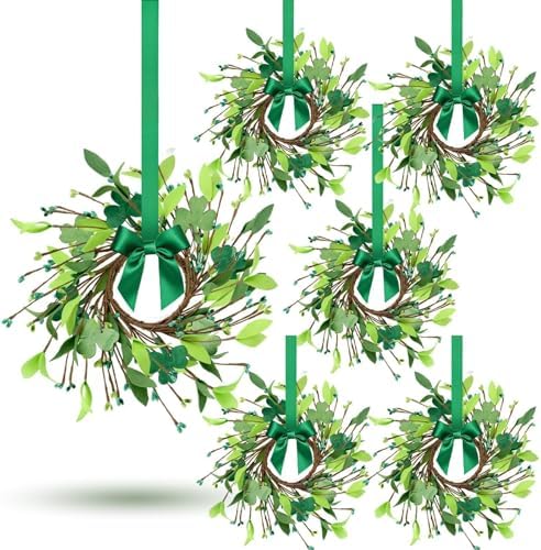 6 Pcs St.Patrick's Day Shamrocks Candle Wreath Artificial Clover Rings Wreath Lucky Irish Kitchen Cabinet Wreaths Pillars Candle Wreaths for Front Door Porch Wall Window Decoration by Unknown