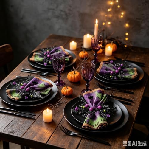 6 Pcs 1.38" Mini Halloween Taper Candle Rings Wreaths Small Artificial with Black Foliage Purple Glitter Balls Green Berries Purple Flowers Taper Candle Holder Wreath for Gothic Spooky Farmhouse Home - Image 5