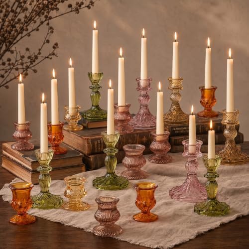 Colored Taper Candle Holders for Candlesticks, 6 Colors 6 Patterns Vintage Glass Candlestick Holders Set Fall Decor, for Wedding Table Centerpiece, Thanksgiving (24, Fall Mixed Color) by saiguomi