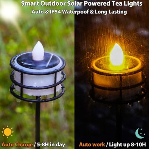 Solar Tea Lights Outdoor Waterproof, 8pcs Rechargeable Dusk to Dawn Little Solar Votive Candles, Flameless Flickering Small Light for Lantern Window DIY Chandelier Patio Deck Garden Decor (Warm Amber) - Image 3
