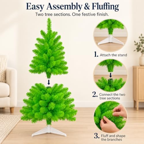 3FT Artificial Christmas Tree with String Lights – Tabletop Small Xmas Tree for Desk, Office, or Small Spaces – Full Branches, Easy Assembly, Holiday Decoration (Apple Green) - Image 7