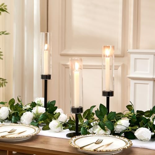 Black Hurricane Glass Candle Holders Set of 3 Tall Taper Candlestick Holder - Image 6