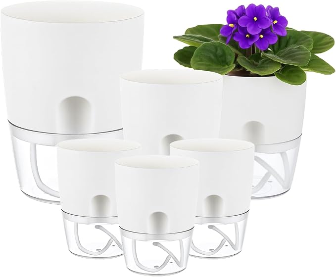6 Pack Self Watering Pots for Indoor Plants, PlanterHoma 3.2/4/6 Inch Plant Pot Plastic Self Watering Planter for Orchid, African Violet, Small Clear Flower Pots with Drainage Holes and Wicking, White