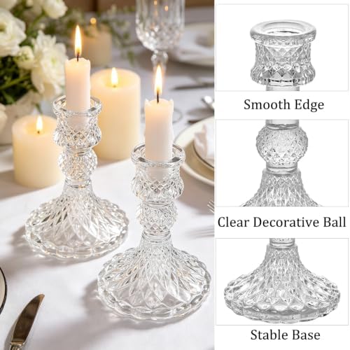 2 Pack Glass Taper Candlestick Holders, Clear Candlestick Holders, 4" H Crystal Candle Holders Decorative Candle Stand Centerpiece for Wedding, Festival, Dinning Party Table Decor - Image 3