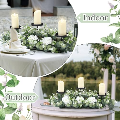 Zonon 21.6'' Wedding Candle Holder Centerpiece 3 Wick Electronic Candle Holder with Eucalyptus Leaves Roses for Wedding Party Decoration - Image 5