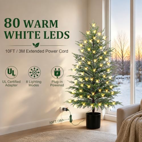 4FT Prelit Norfolk Pine Christmas Tree Real Touch Artificial Cedar Tree with 80LED Lights & 8-Function Plug-in Potted Faux Trees for Front Porch, Entryway, Patio, Christmas Indoor Outdoor Decor - Image 2