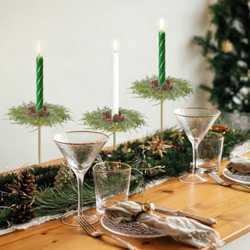 2 PCS Christmas Pine Taper Candle Rings Wreaths 1.38" Mini Norfolk Pine Taper Candle Holder Wreaths Candle Rings with Berry Pinecones for Xmas Holiday Church Home Table Centerpiece Candlesticks Decor - Image 5