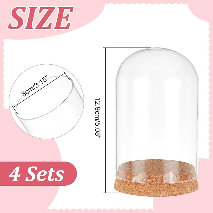PH PandaHall 4pcs Cloche Glass Dome Clear Glass Display Dome with Cork Base Glass Decorative Jars Bottles for Display Collectibles Figurine Flower Storage Christmas Party Favor Decoration 3.15x5inch
