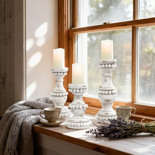 Farmhouse Large Candle Holders for Pillar Candles, Rustic Wooden Beaded Candle Holder, Perfect for Table Centerpieces, Coffee Table or Fireplace Mantel, 3 Piece Set (White) - Image 4