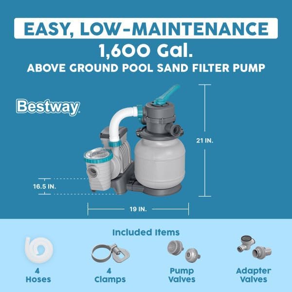 Bestway 1,500 GPH Above Ground Swimming Pool Sand Filter Pump | Compatible with Pools: 300 to 11,200 Gallons, Corrosion-Resistant Tank, Pre-Assembled, Low-Maintenance Pump with Adapters