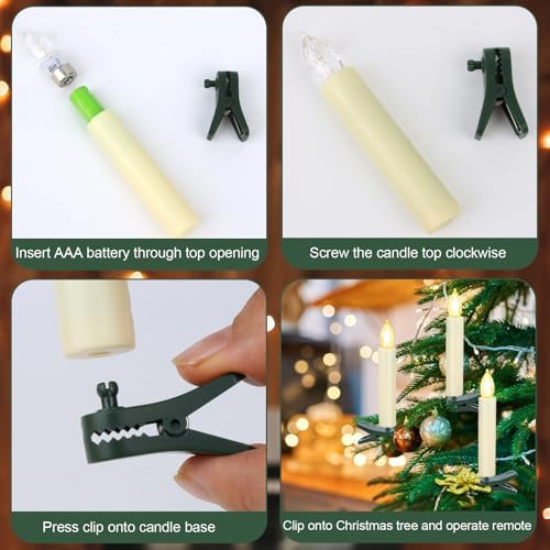 LED Christmas Candles, Flickering Clip on Candles for Christmas Tree, Battery Operated with Remote Timer, Warm White Light, Flameless Taper Candle for Home Christmas Decor, Set of 20 - Image 5