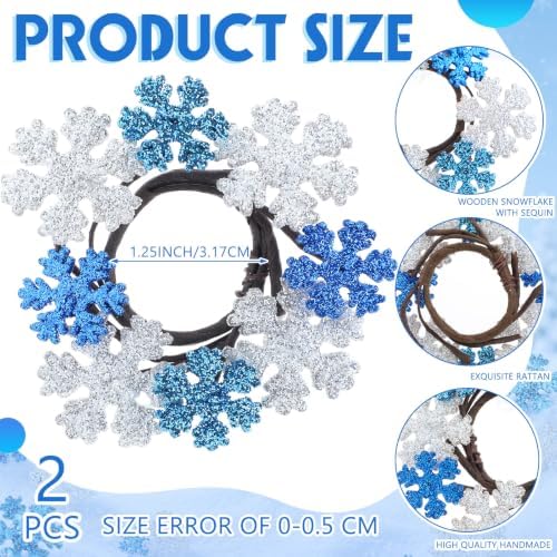 Daifunli 2 Pcs Winter Blue Snowflake Candle Rings Snowflake Wreath Glitter Vintage Wood Wreaths for Taper 1.25 Inch Candles Holder for Winter Christmas Rustic Table Centerpiece Decor - Image 2