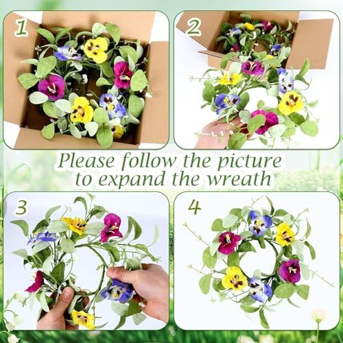 4 PCS Mini Spring Summer Kitchen Cabinet Wreaths Small Pansy Flowers Wreath for Front Door with Fern Branches Ribbon Small Flocked Lamb Ear Leaves Wreath for Indoor Outdoor Farmhouse Porch Wall Decor - Image 5