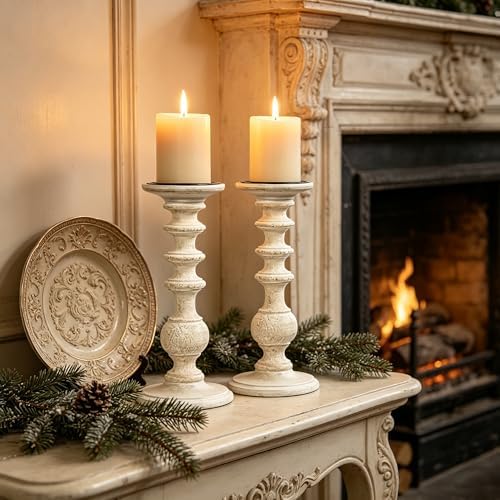 Hosley Set of 2 White Wooden Pillar Candle Holder 11 Inch High Country Style Ideal for Weddings or Parties as Well as Home Decor - Image 6