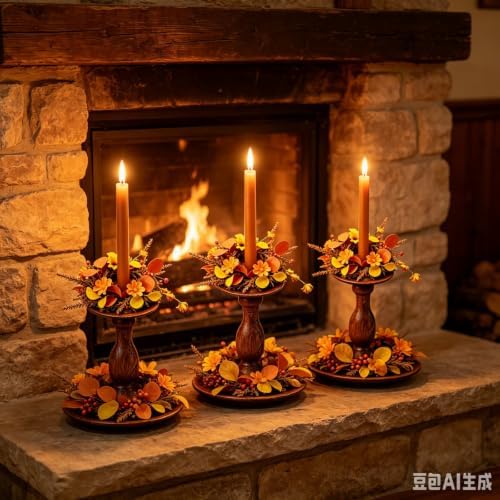 6 Pcs 1.38" Mini Fall Taper Candle Rings Wreaths Small Artificial with Autumn Leaves Flowers Wheat Stems Berries Taper Candle Holder Wreath for Thanksgiving Harvest Day Home Candlesticks Table - Image 5