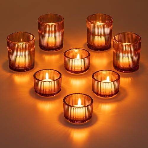 Glasseam Glass Votive Candle Holders: 8 Pcs Amber Ribbed Tealight for Table by Glasseam